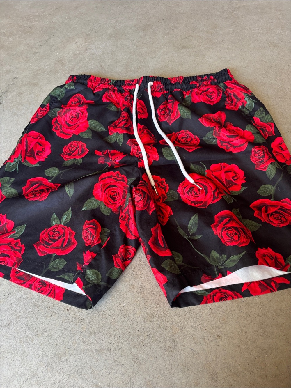 Men's Black Swim Shorts with Red Rose Print